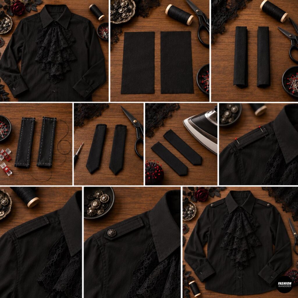 DIY vampire shirt shoulder detail tutorial showing black fabric strips folded, sewn, pressed, pinned to the shoulder seams, and finished with decorative buttons.
