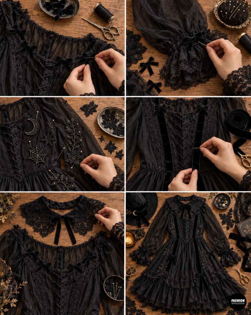 Gothic black dress being embellished with velvet bows, moon and star appliqués, lace collar pieces, and other witch-inspired decorative details.