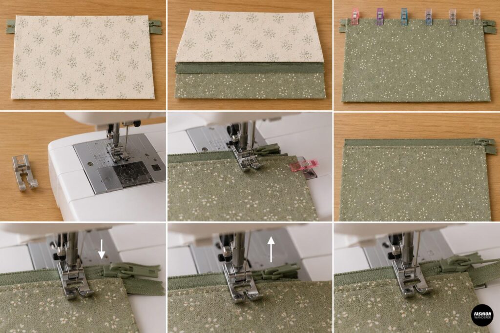 Step-by-step sewing collage showing cream floral lining layered with the zipper and sage floral exterior fabric, then stitched using a zipper foot.