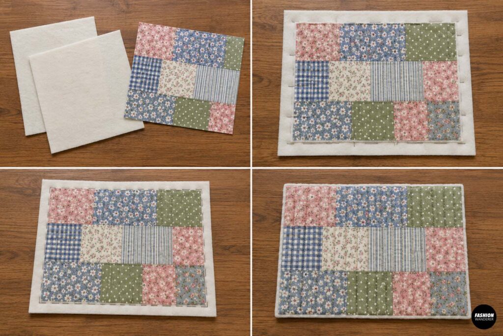Pastel patchwork pouch panel layered over white batting, pinned in place, quilted with straight stitching, and trimmed to create a softly padded patchwork panel.