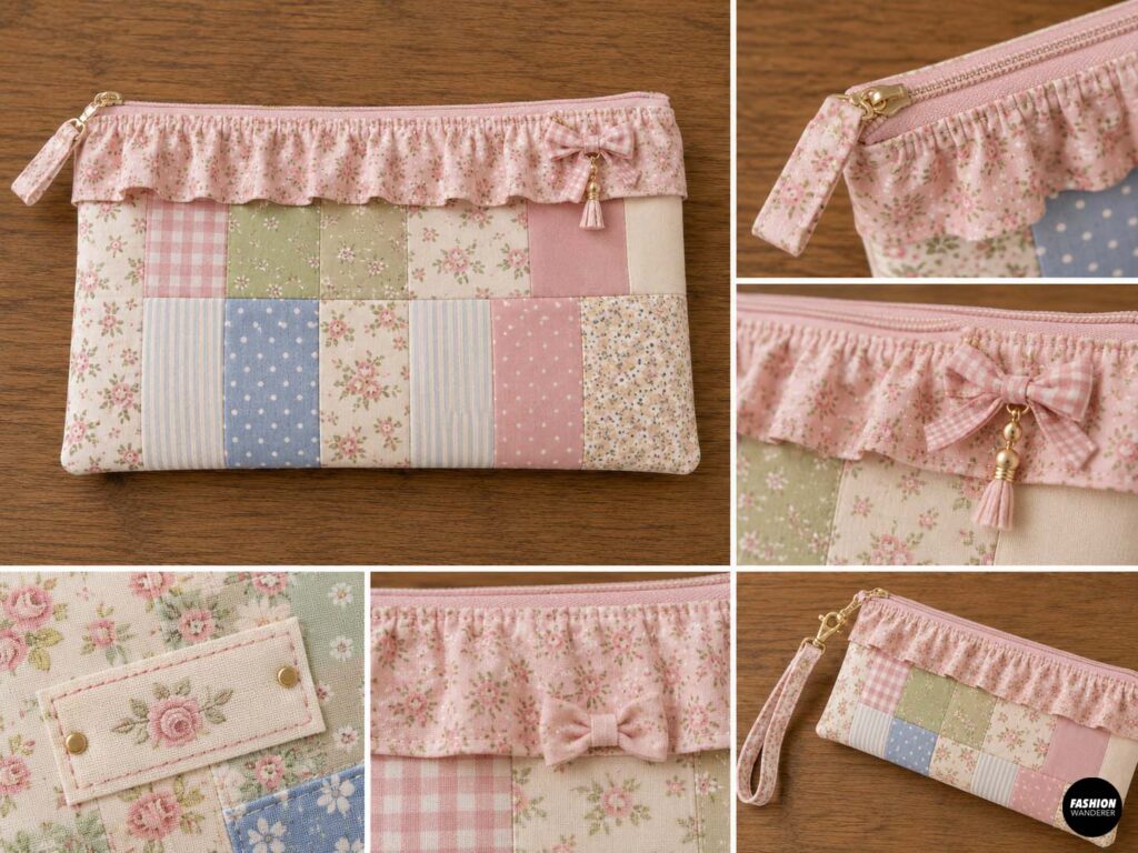 Finished pastel patchwork zipper pouch with pink floral gathered ruffle, pink zipper, wrist strap, gingham bow, tassel charm, and decorative fabric label shown in detailed close-up views.