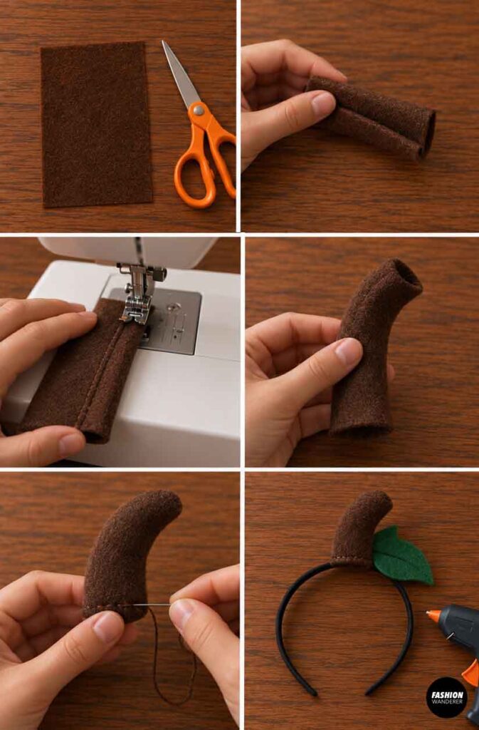 Brown fabric is folded, stitched, shaped, and attached to a headband with green felt leaves to create a pumpkin stem Halloween accessory.