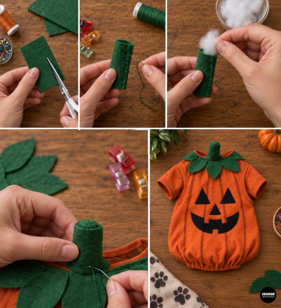 Collage showing green felt being cut, sewn into a tube, stuffed with fiberfill, and hand-stitched onto the neckline of the pumpkin pet costume to create a soft pumpkin stem.