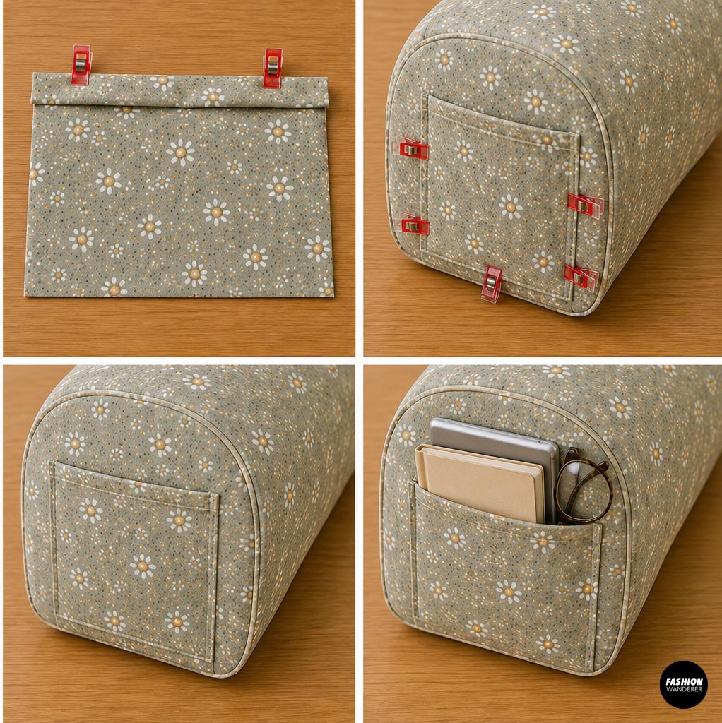 Step-by-step sewing collage showing how to make and attach a floral fabric side pocket to a reading pillow for holding a book, tablet, or glasses.