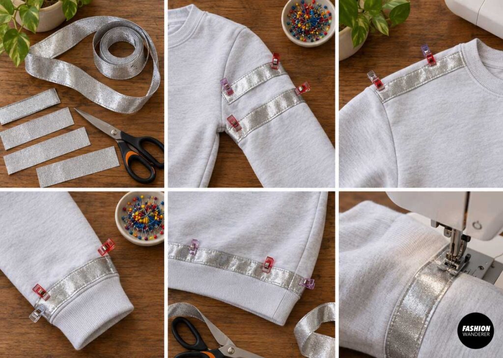 Collage showing silver reflective ribbon cut into strips, clipped around the sleeves, shoulders, and hem of a white sweatshirt, then machine stitched securely in place to create astronaut-style space suit details.