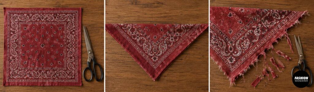 Red paisley bandana folded and distressed with frayed edges to create a rugged cowboy neck scarf for a Halloween costume.