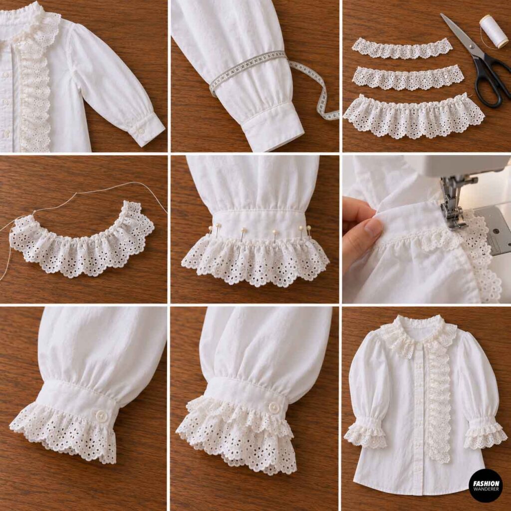 White eyelet lace gathered, pinned, and sewn around the shirt cuffs to create decorative layered ruffled Victorian sleeves.