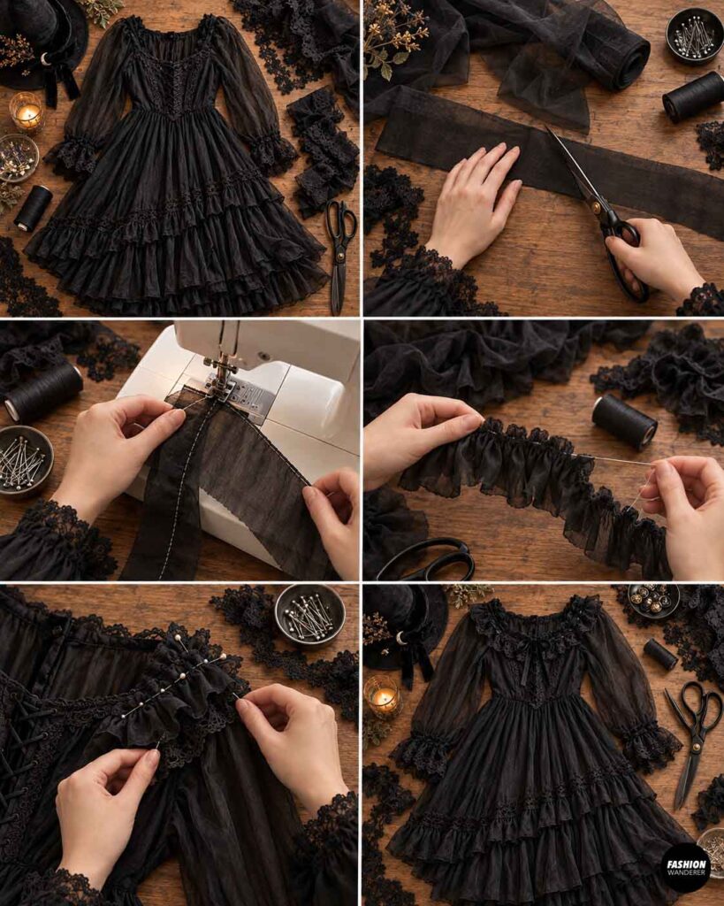 Black sheer ruffles and lace trim being cut, gathered, pinned, and sewn to the neckline and sleeves of a gothic witch dress.