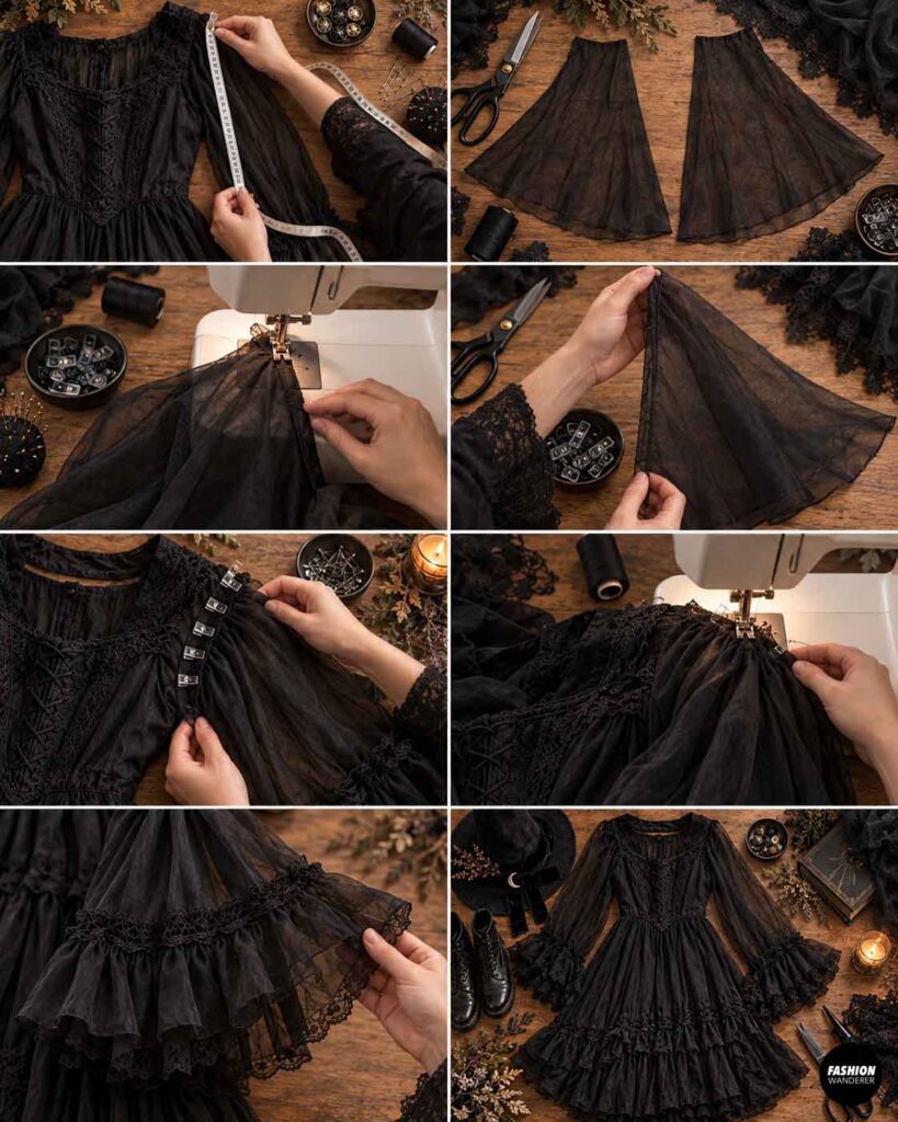 Sewing tutorial collage showing sheer black fabric measured, cut, sewn, and attached to a gothic dress to create dramatic bell sleeves.