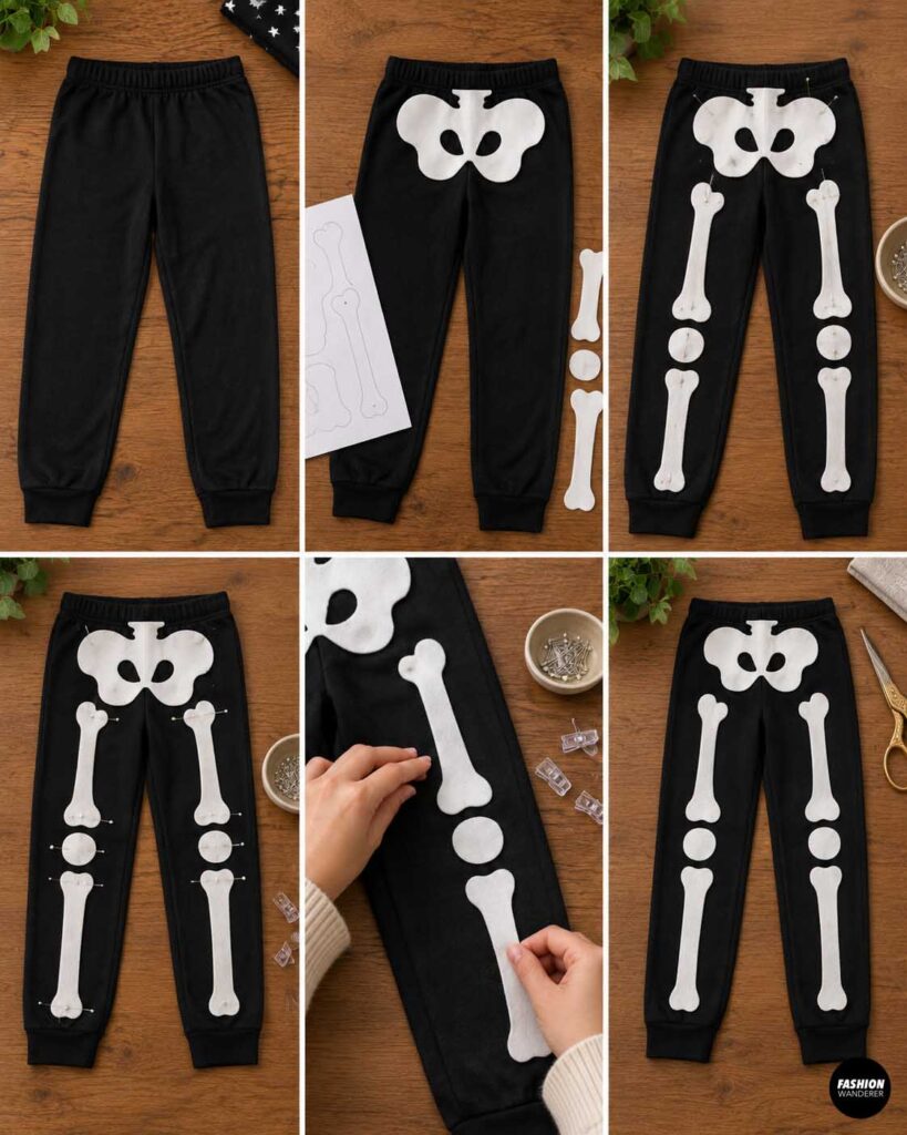 Step-by-step collage showing a white felt pelvis, thigh bones, kneecaps, and lower-leg bones positioned, pinned, adjusted, and attached to black pajama pants to complete the skeleton legs.