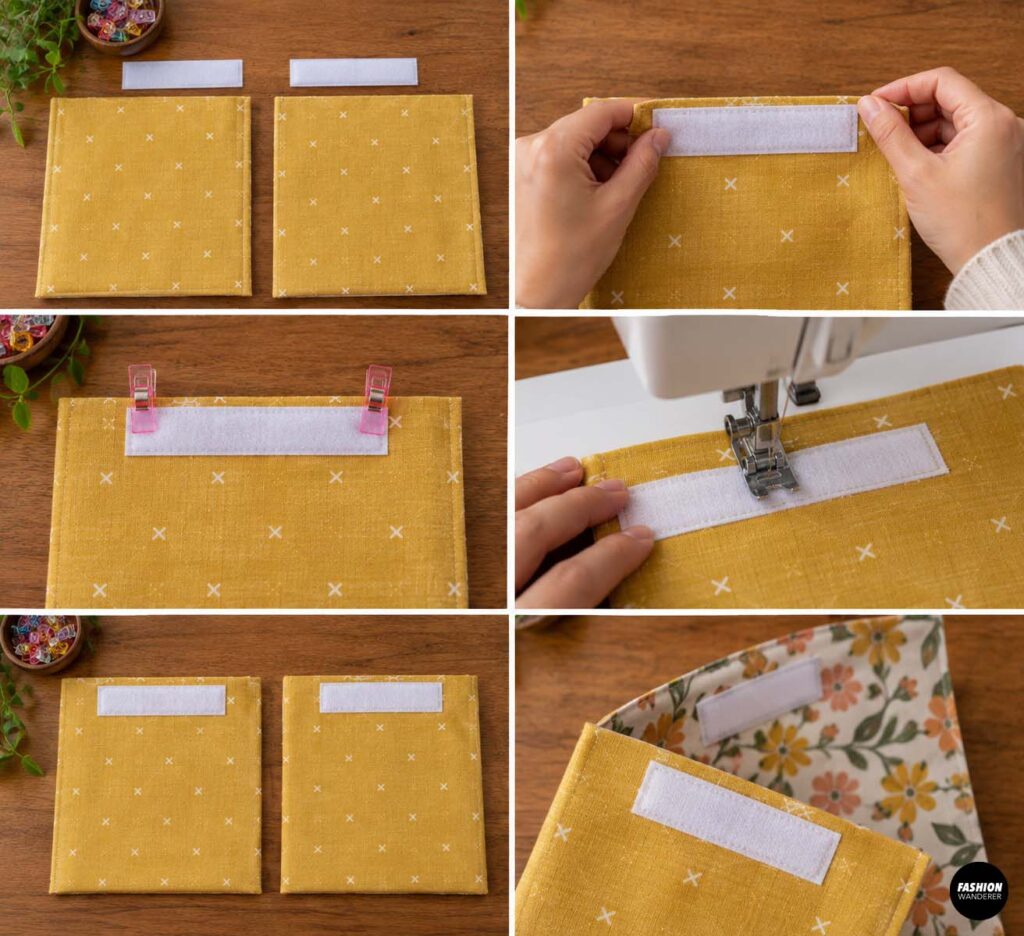 Step-by-step sewing collage showing white hook-and-loop tape positioned, clipped, and stitched onto mustard yellow lining fabric for a reusable snack pouch closure.