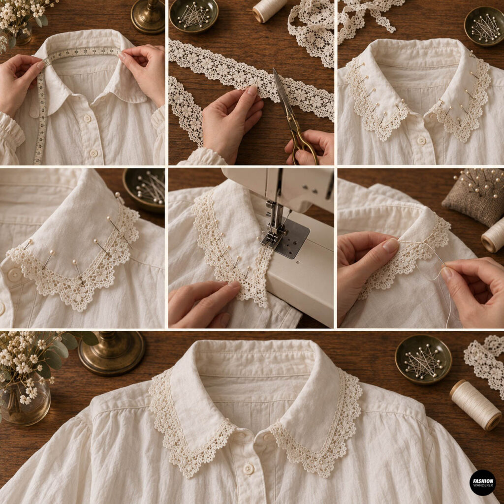 Step-by-step collage showing cream lace trim measured, cut, pinned around a white shirt collar, machine stitched, and hand finished to create a delicate Victorian lace collar.