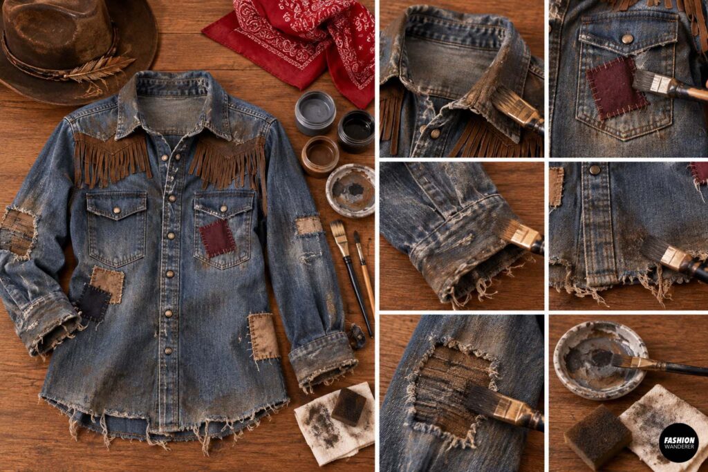 Distressed denim cowboy shirt decorated with faux suede fringe, fabric patches, frayed edges, and brown weathering for an aged undead cowboy look.