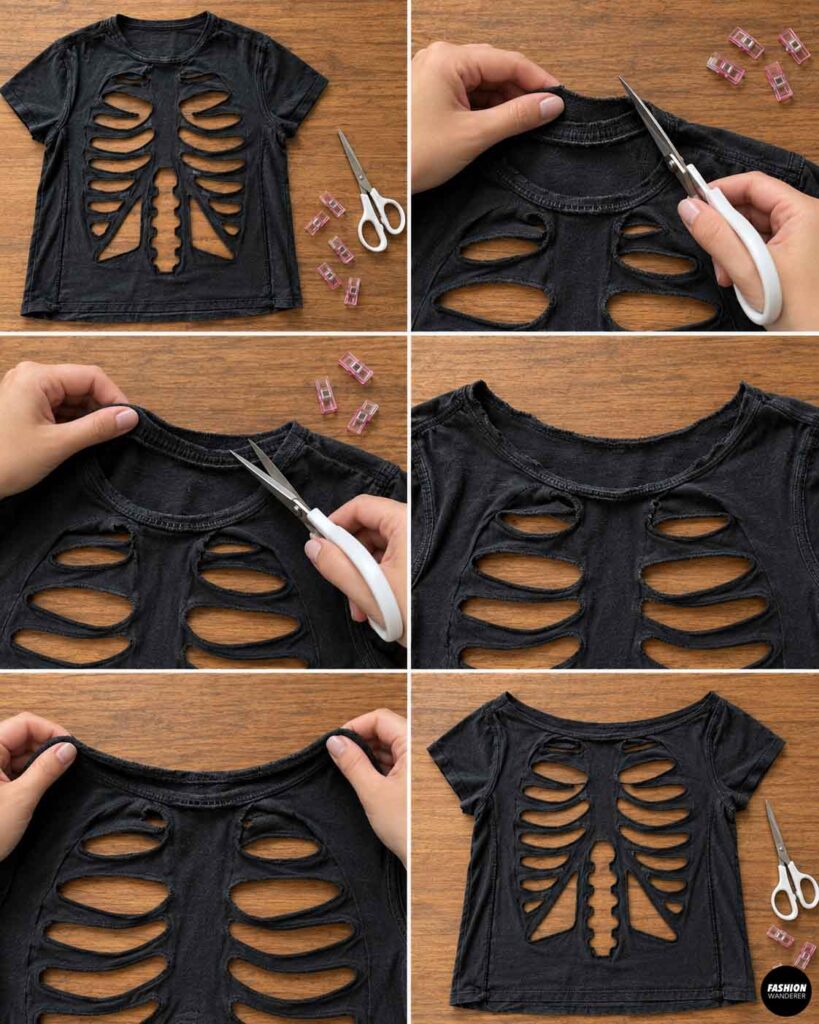 Scissors trimming the neckline of a black skeleton cutout T-shirt to create a wider, more relaxed Halloween costume neckline.