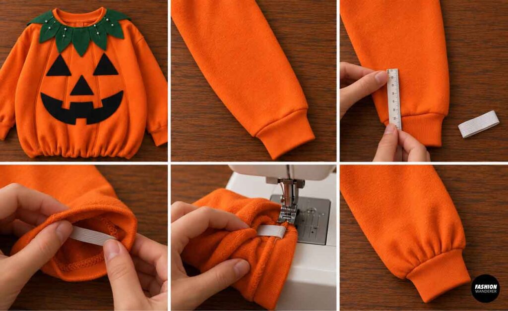 Orange sweatshirt sleeves are measured and fitted with elastic near the cuffs to create softly gathered puff sleeves for a pumpkin costume dress.