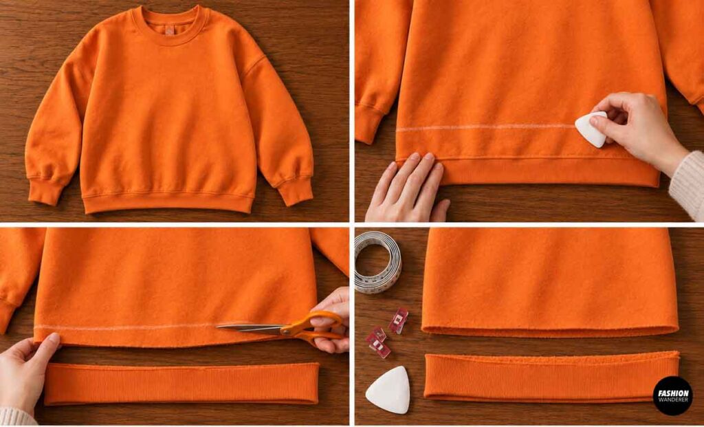 Step-by-step collage showing an orange sweatshirt marked and trimmed shorter above the ribbed hem to prepare it for a pumpkin-shaped Halloween dress.