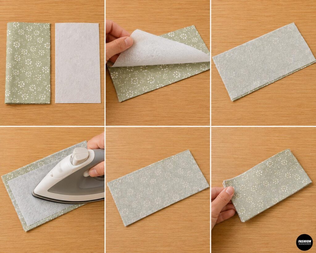 Beginner sewing tutorial showing fusible interfacing layered and ironed onto floral cotton fabric to add structure to a handmade cord organizer.