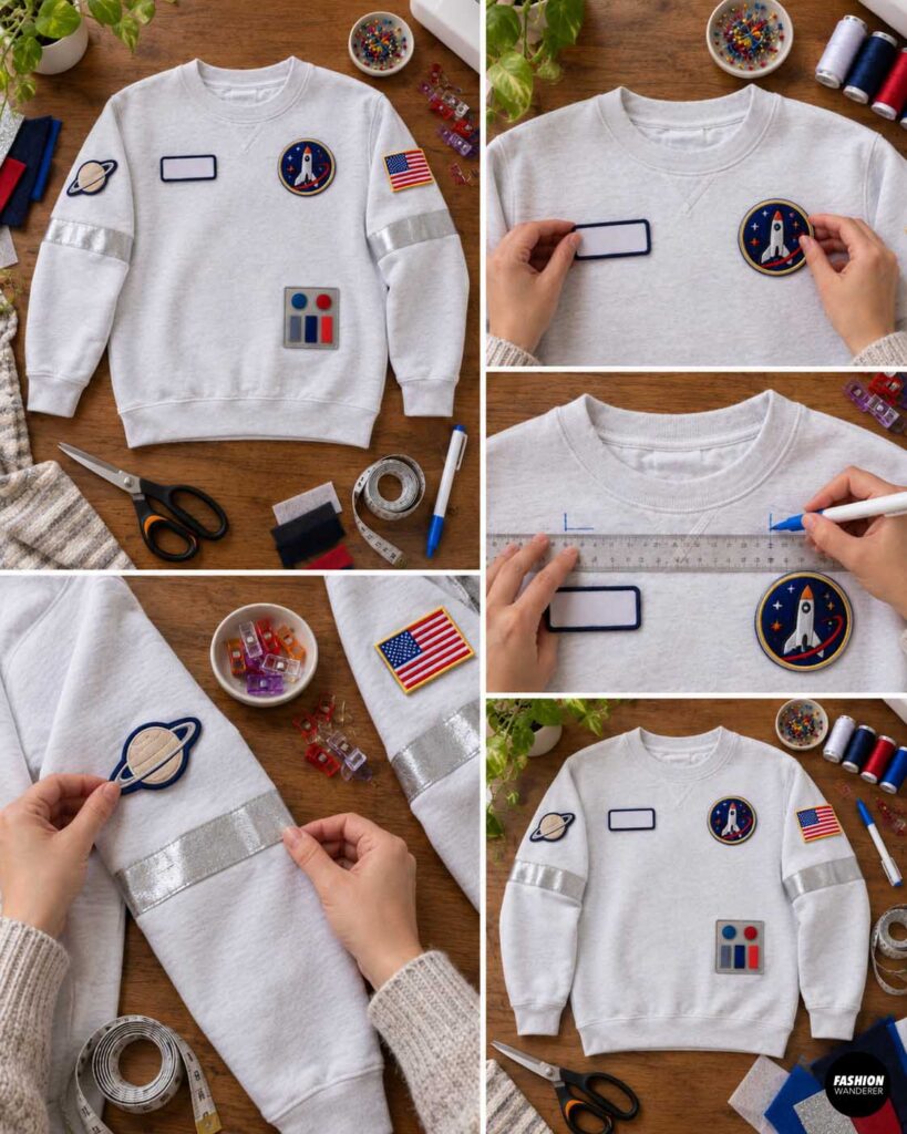 Space patches, reflective silver sleeve bands, flag patch, name patch, mission emblem, and control panel are positioned and measured on a white sweatshirt before sewing them permanently in place.