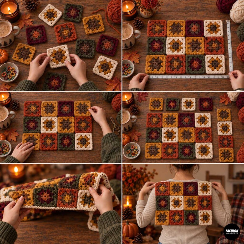 Fall-color crochet granny squares arranged on a wooden table to plan the back panel of a cropped cardigan, with hands measuring and positioning the squares.