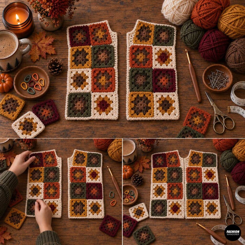 Two granny-square crochet front panels arranged side by side on a wooden table in rust, mustard, olive, burgundy, brown, and cream yarn, surrounded by crochet tools and fall decor.