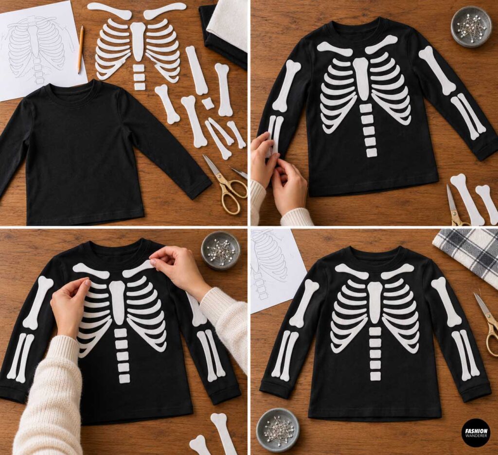 White felt ribs, spine, collarbones, and arm bones are positioned across a black long-sleeve shirt, then adjusted until the skeleton design is evenly spaced.
