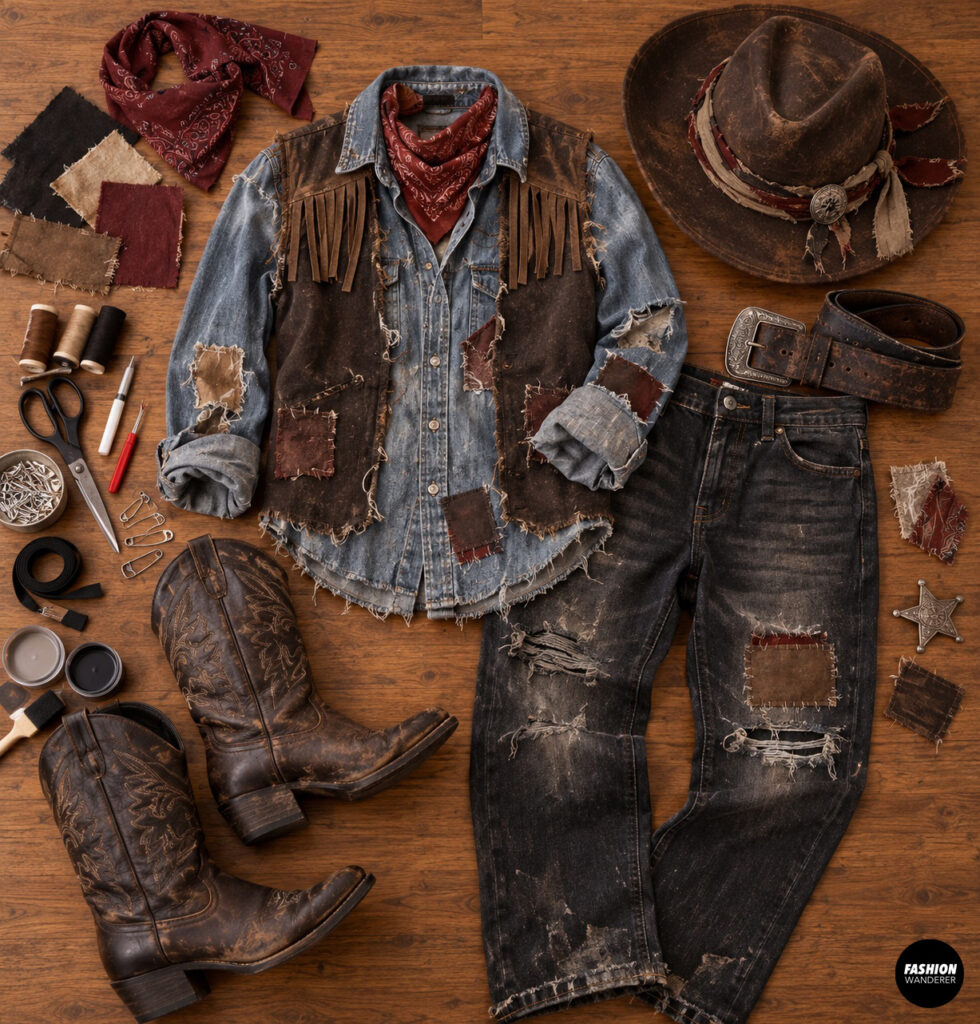 Finished DIY undead cowboy costume flat lay with distressed denim shirt, patchwork vest, ripped black jeans, red bandana, cowboy hat, leather belt, and worn cowboy boots.