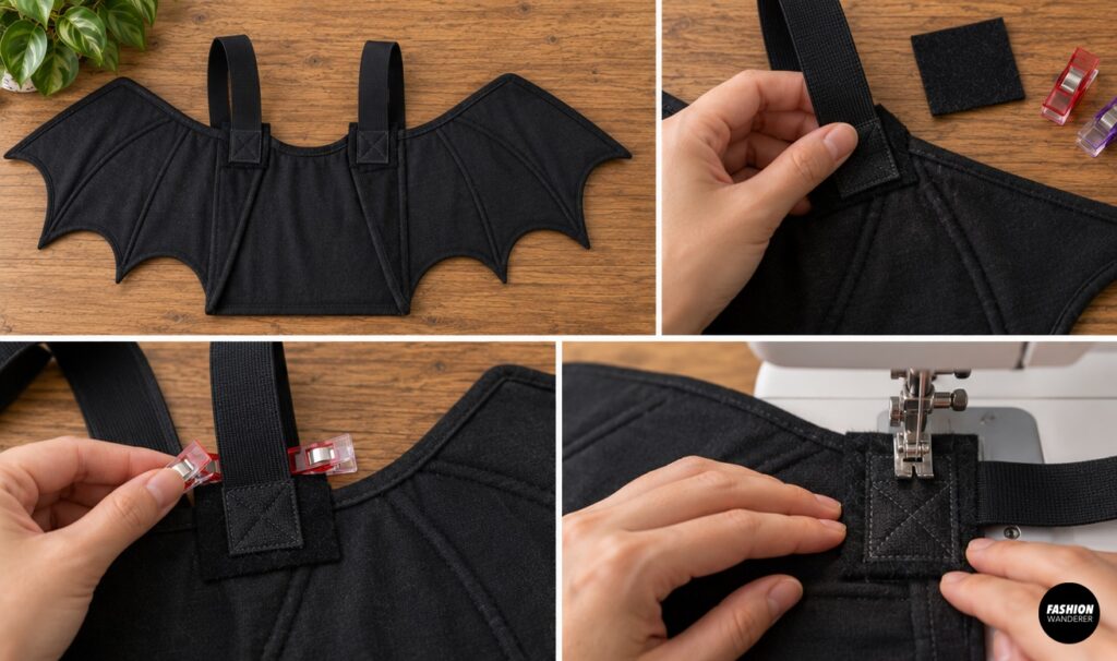 Close-up sewing collage showing black harness straps secured to the bat wings with reinforced rectangular and X-shaped stitching for extra strength.