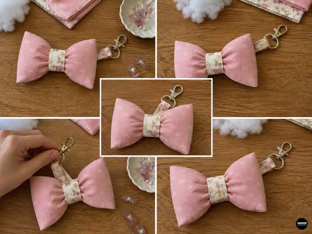 Step-by-step collage showing a finished pink puffy fabric bow with floral center wrap and fabric loop being attached to a swivel lobster clasp and metal ring to create a handmade bow bag charm.