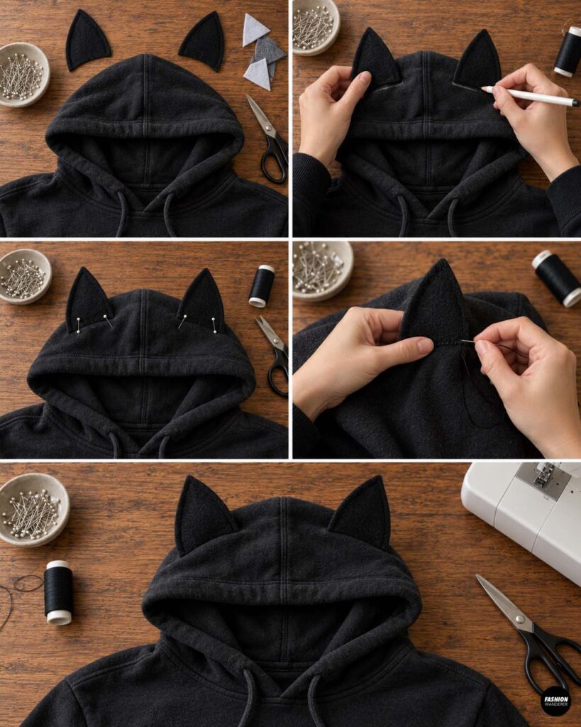 Step-by-step collage showing two black bat ears positioned, pinned, and hand sewn onto the top of a black hoodie hood, finishing the DIY bat costume.