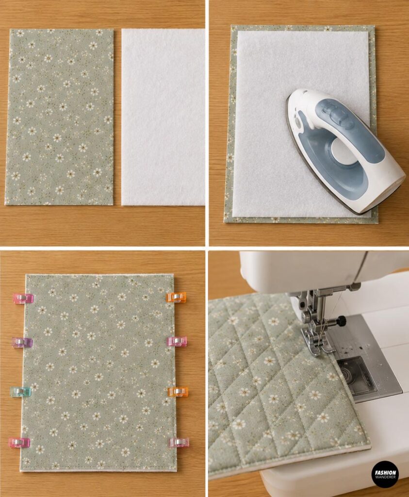 Step-by-step collage showing batting attached and quilted to sage green floral fabric for a padded DIY book sleeve.