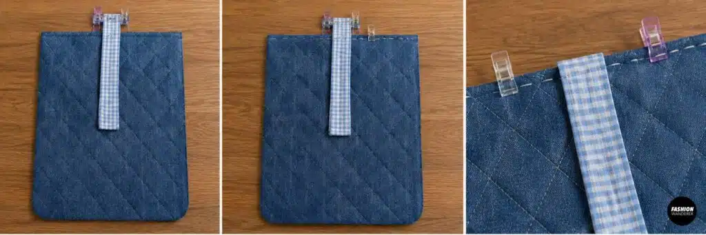 Step-by-step sewing photos showing blue gingham bow ties centered and clipped to the top edges of quilted blue fabric panels before being basted securely in place.