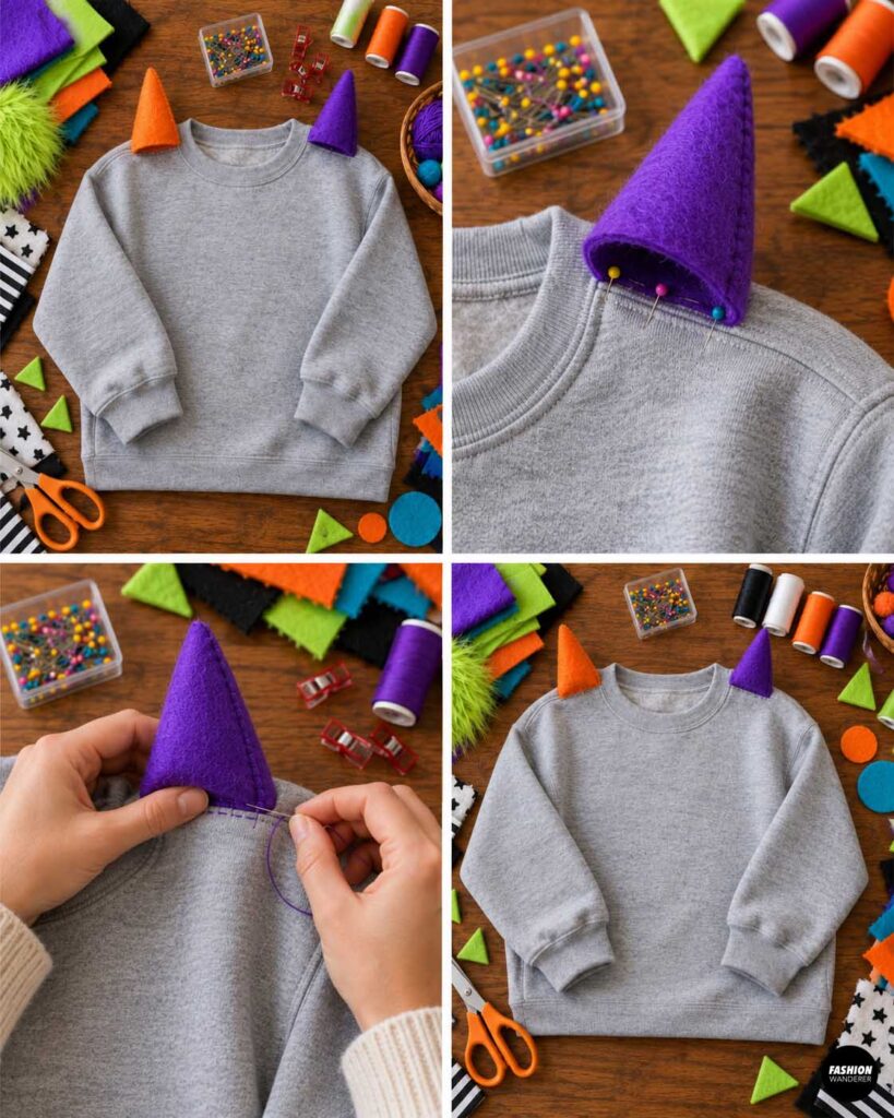 Purple and orange stuffed monster horns are positioned at the sweatshirt shoulders, pinned securely, and hand sewn along the base before the finished pair is shown attached.