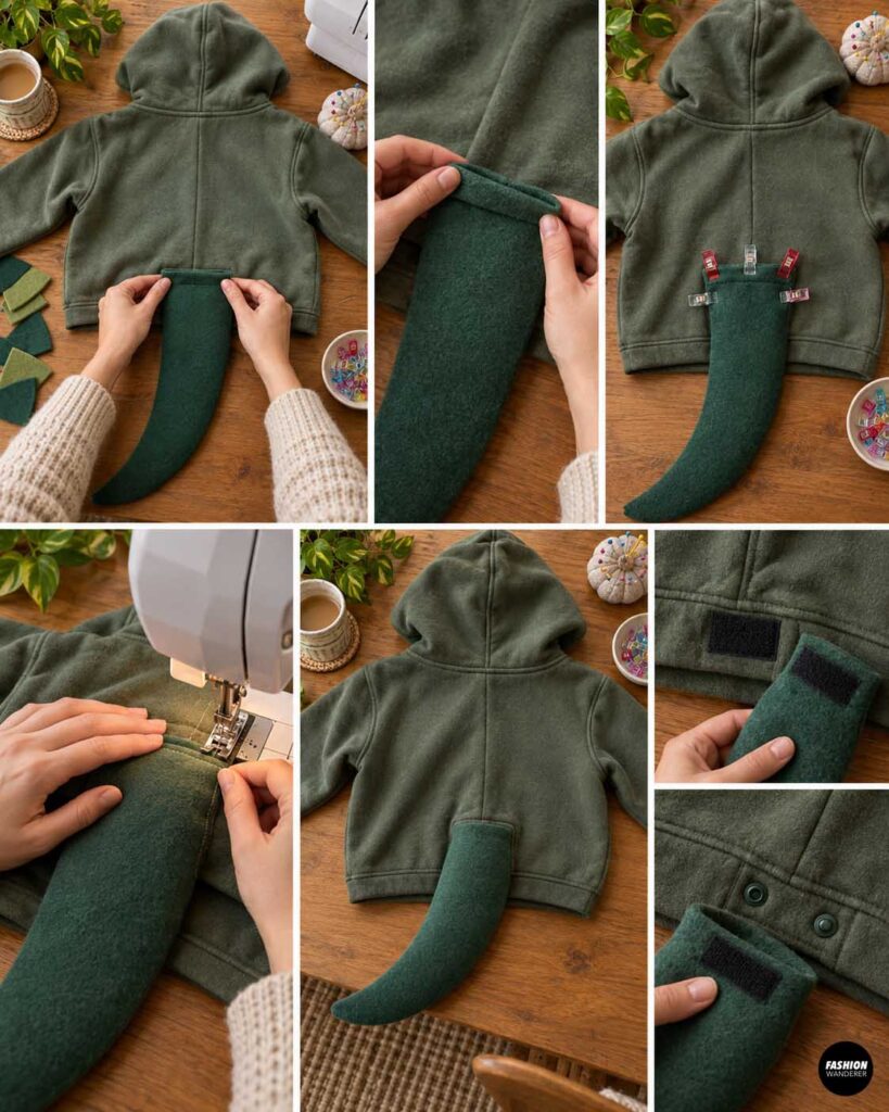 Stuffed green dinosaur tail is positioned at the center back of the hoodie, clipped in place, machine sewn securely, and shown with optional hook-and-loop or snap attachment details.
