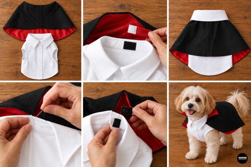 Collage showing a black vampire cape with red lining attached to the white dog shirt vest using a small closure, with the finished cape modeled by a fluffy dog.