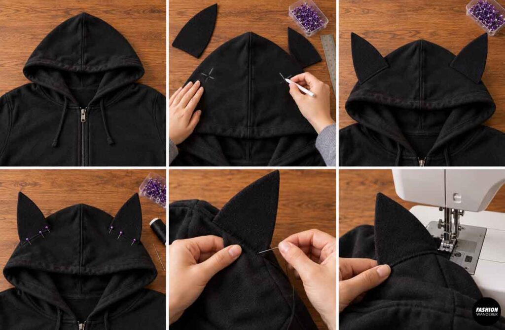 Black fabric bat ears positioned, pinned, hand sewn, and machine stitched onto the top of a black hoodie to complete the DIY bat costume.