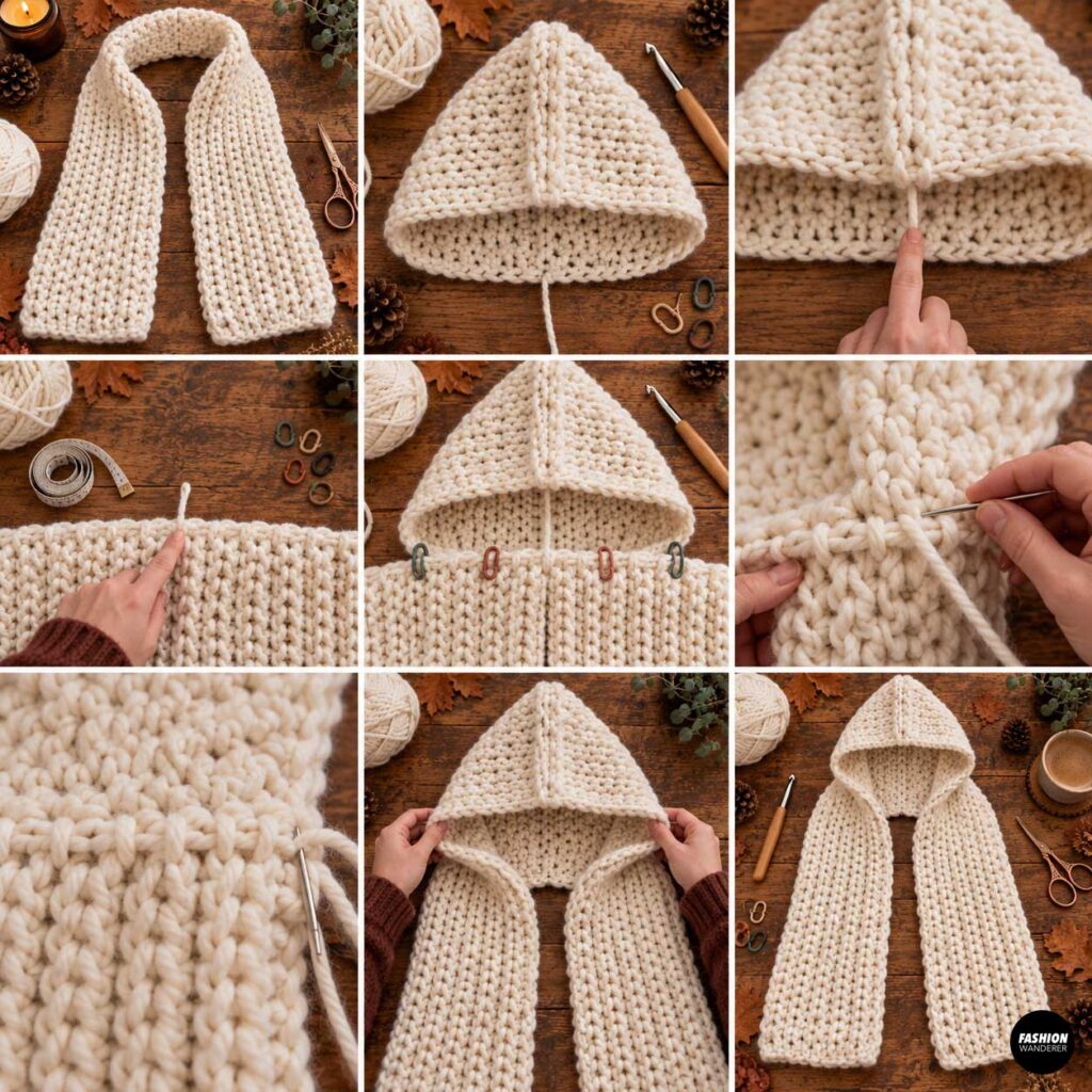 Step-by-step photos showing the cream crochet hood centered, clipped, and hand stitched to the middle of the chunky scarf.