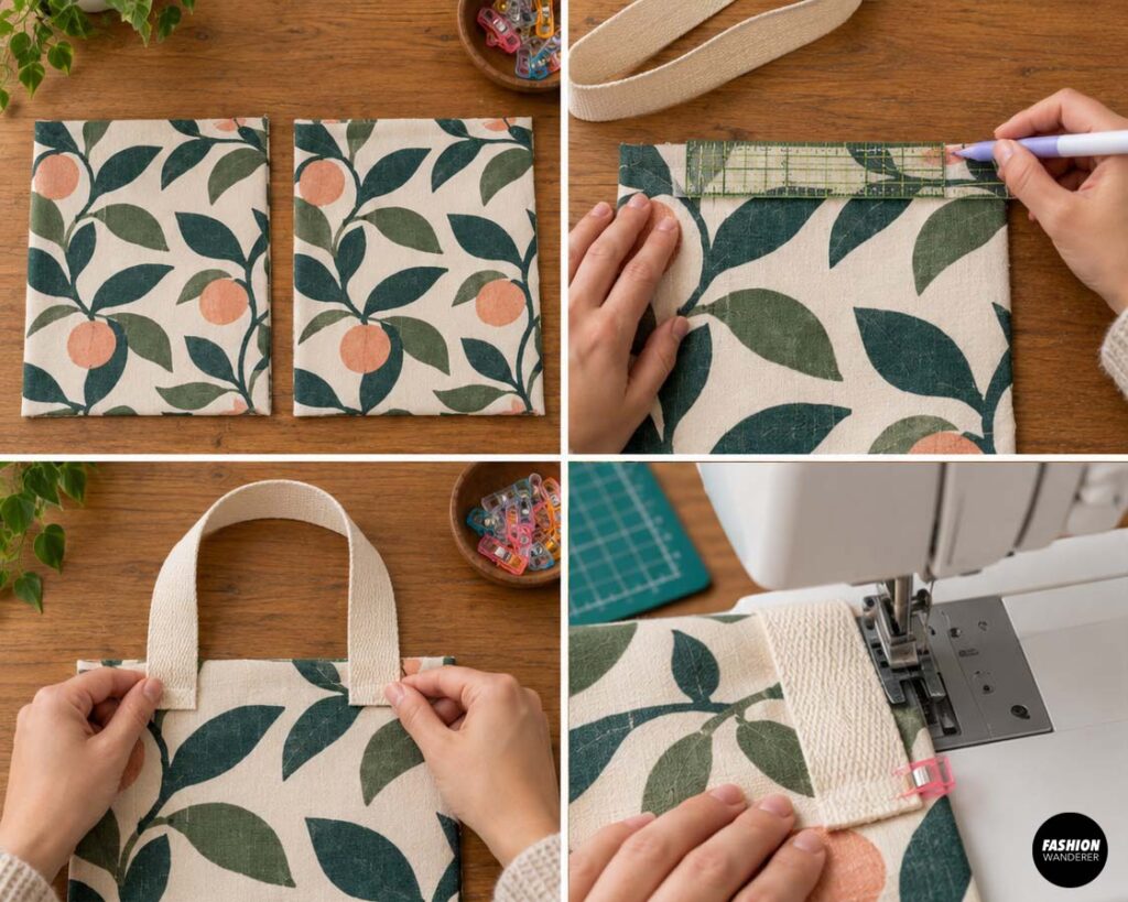 Step-by-step collage showing cotton webbing handles measured, positioned, clipped, and sewn securely to the citrus print exterior panels of a handmade lunch bag.