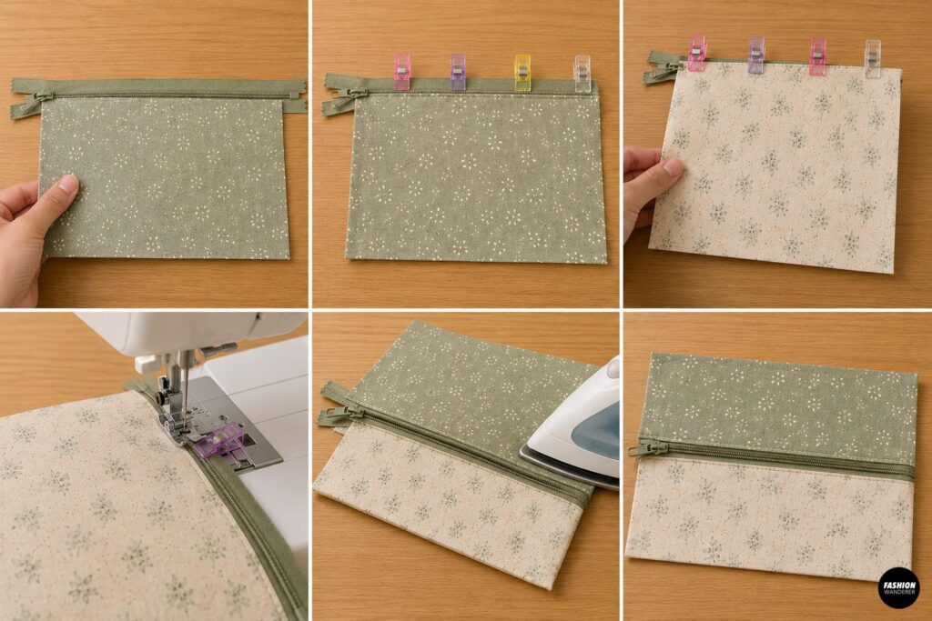 Step-by-step collage showing the second exterior and lining pieces clipped, sewn and pressed along the zipper of a DIY fabric pencil pouch.