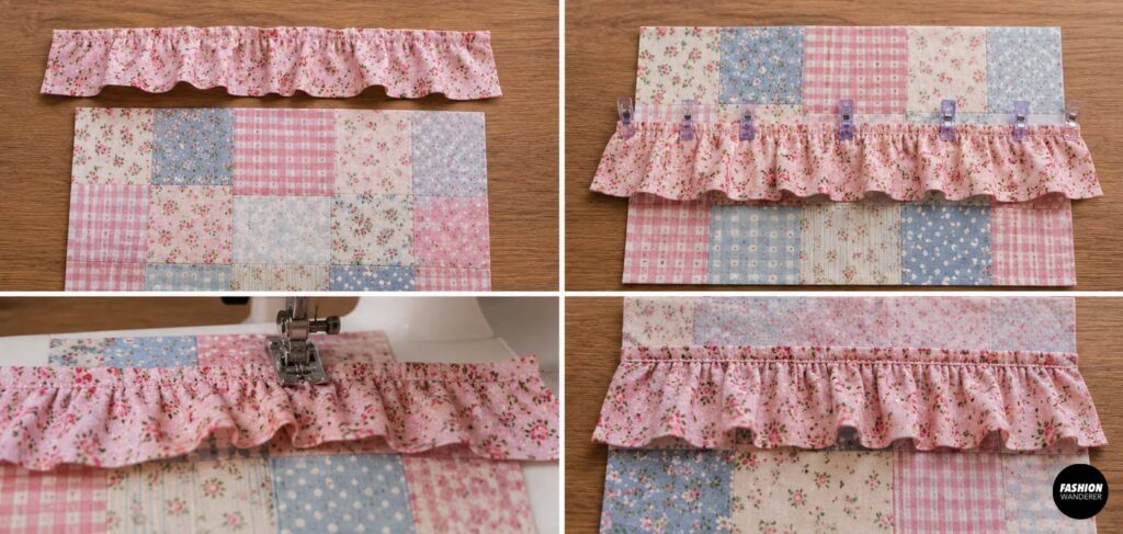 Pink floral gathered ruffle positioned, clipped, and machine stitched across a pastel patchwork pouch panel to create a decorative ruffled accent.