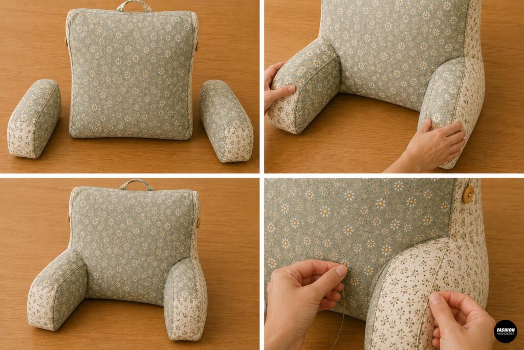 Step-by-step collage showing padded floral armrests positioned and hand sewn onto the main back cushion to assemble a DIY reading pillow.
