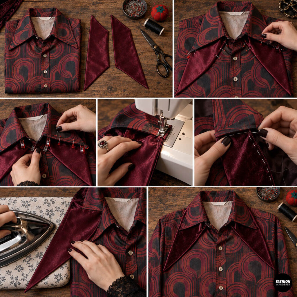 Sewing tutorial collage showing burgundy velvet collar extensions pinned and stitched beneath the oversized collar of a red and black retro button-up shirt.