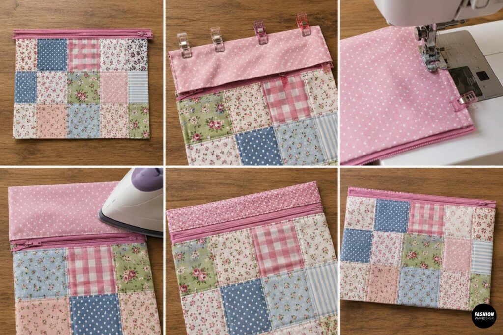 Second patchwork panel and pink polka-dot lining aligned with the pink zipper, clipped, machine stitched, pressed, and topstitched to complete the zipper installation.