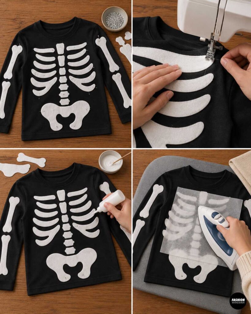 White skeleton pieces are pinned onto the black pajama shirt and secured by stitching around the edges, with an alternate fabric adhesive and pressing method also shown.