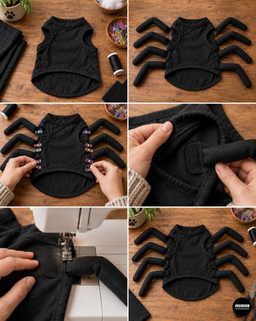 Sewing tutorial collage showing eight padded black spider legs positioned along both sides of a black dog shirt, clipped in place, and machine stitched securely to the costume.