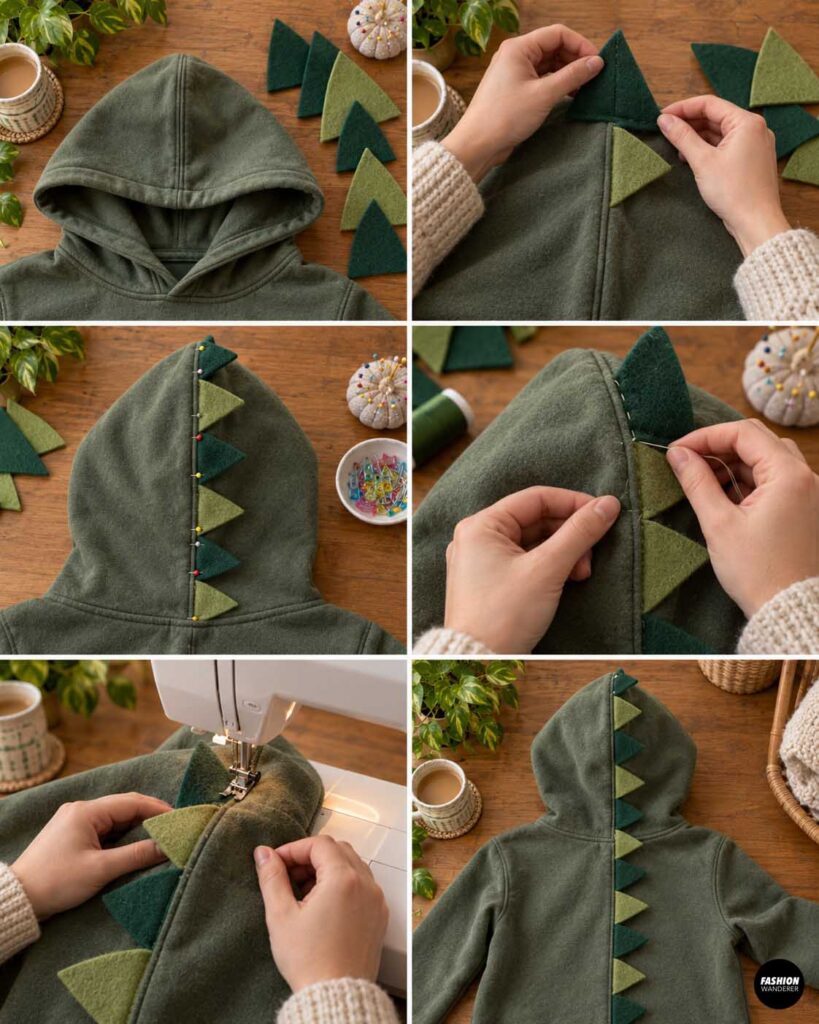 Alternating dark and light green dinosaur spikes are positioned along the center seam of the hoodie hood, pinned, hand basted, and machine sewn securely in place.