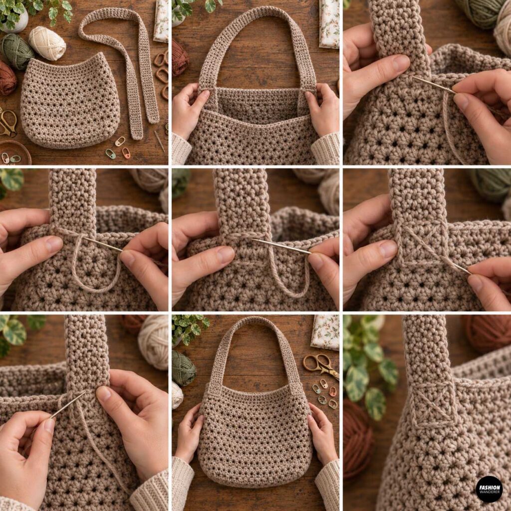 Crochet tutorial collage showing the shoulder strap positioned and securely hand sewn to both sides of a beige crochet bag.