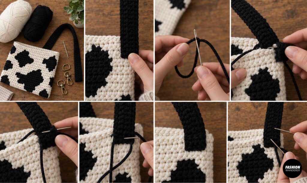 Close-up tutorial collage showing a black crochet shoulder strap being securely hand sewn to the top corner of a black and cream cow print bag.