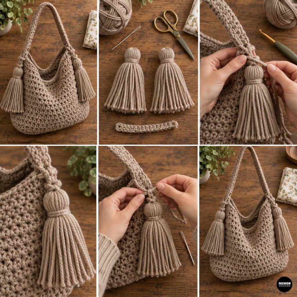 Crochet tutorial collage showing two oversized yarn tassels being tied securely near the shoulder strap of a beige slouchy crochet bag.