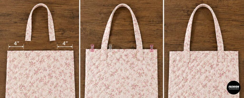 DIY quilted tote bag tutorial showing floral fabric handles positioned four inches from the sides, clipped in place, and stitched securely to the bag.