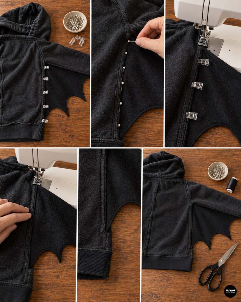 Collage showing the bat wing aligned and pinned along the side seam of the black hoodie, then sewn from the underarm toward the waist.